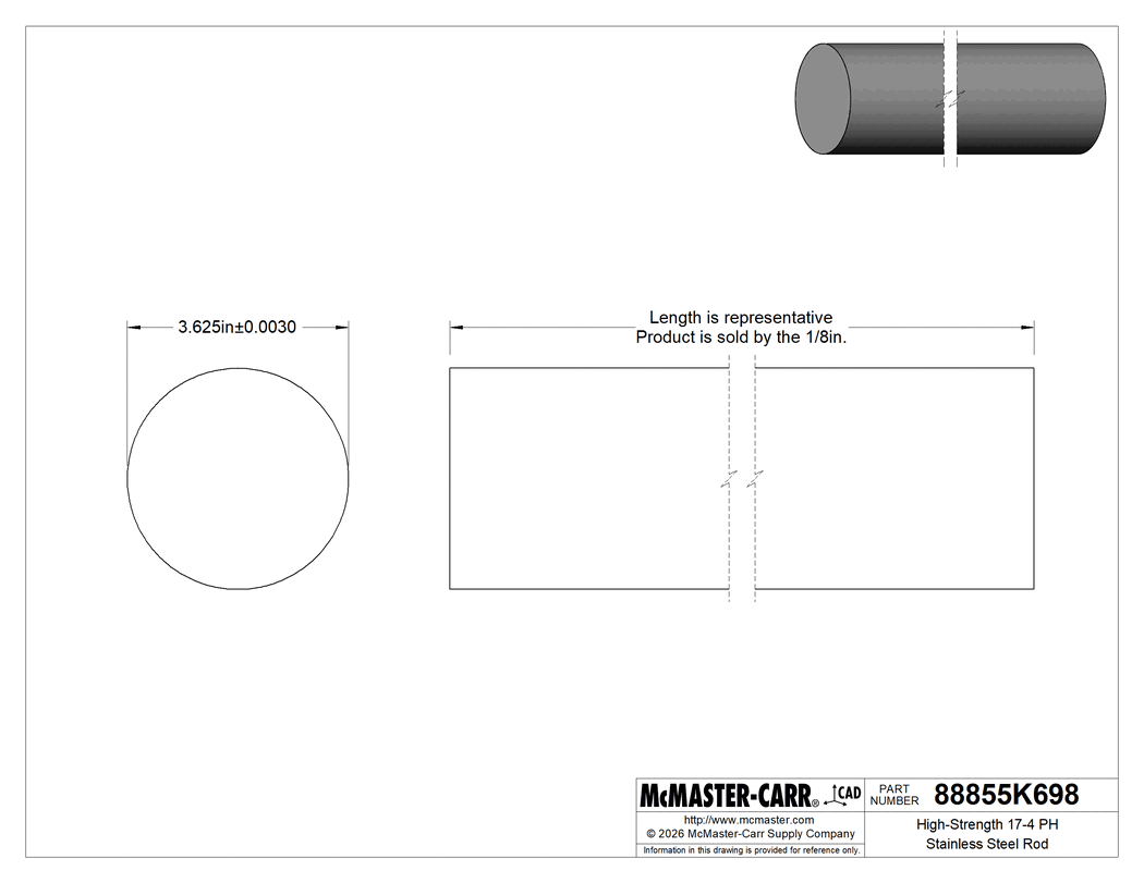 Technical Drawing of High-Strength 17-4 PH Stainless Steel Rod, 3-5/8" Diameter.